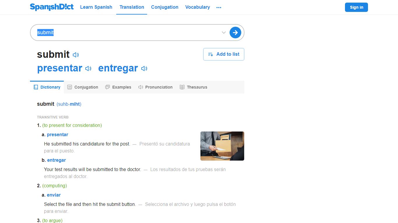 Submit in Spanish | English to Spanish Translation - SpanishDict